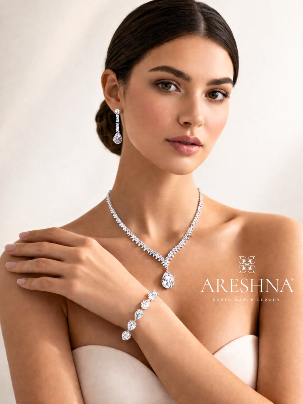 Luxury Bridal Jewelry Set 14K Gold Swarovski Teardrop Diamond Necklace Earrings